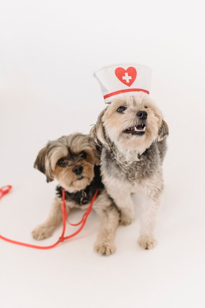 Mastering the First Impression: Your intriguing post title goes here Two cute dogs wearing a nurse hat and a red leash on a white background in a studio setting.